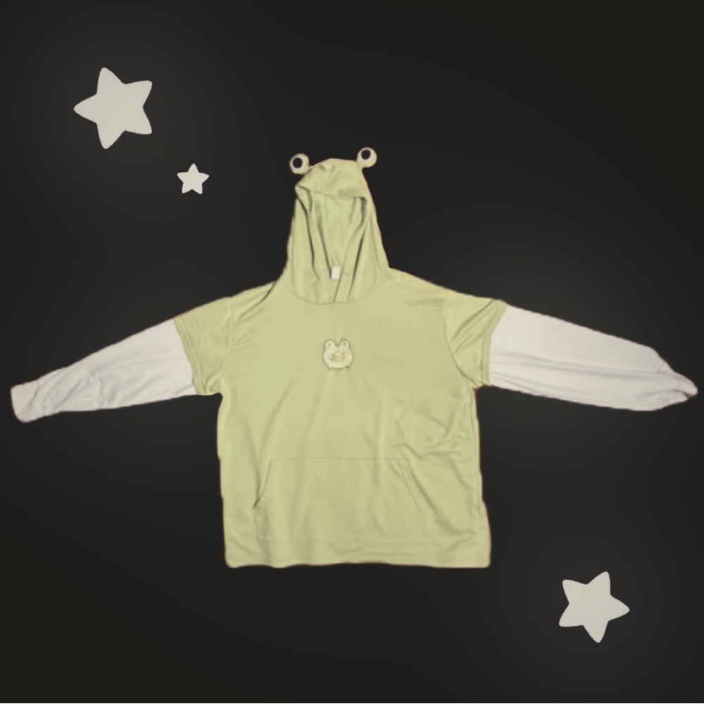 green hoodie with frog embroidery
